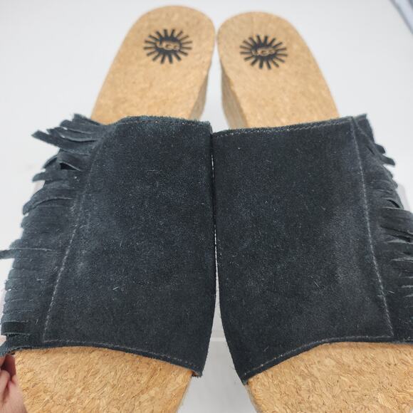 Ugg Sandals 8 Black Suede Leather Fringe Boho Peep Toe Wedges Mules Espadrille - Picture 9 of 14